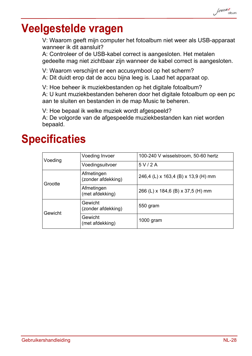 Veelgestelde vragen, Specificaties, Veelgestelde vragen specificaties | Toshiba JournE album User Manual | Page 253 / 354