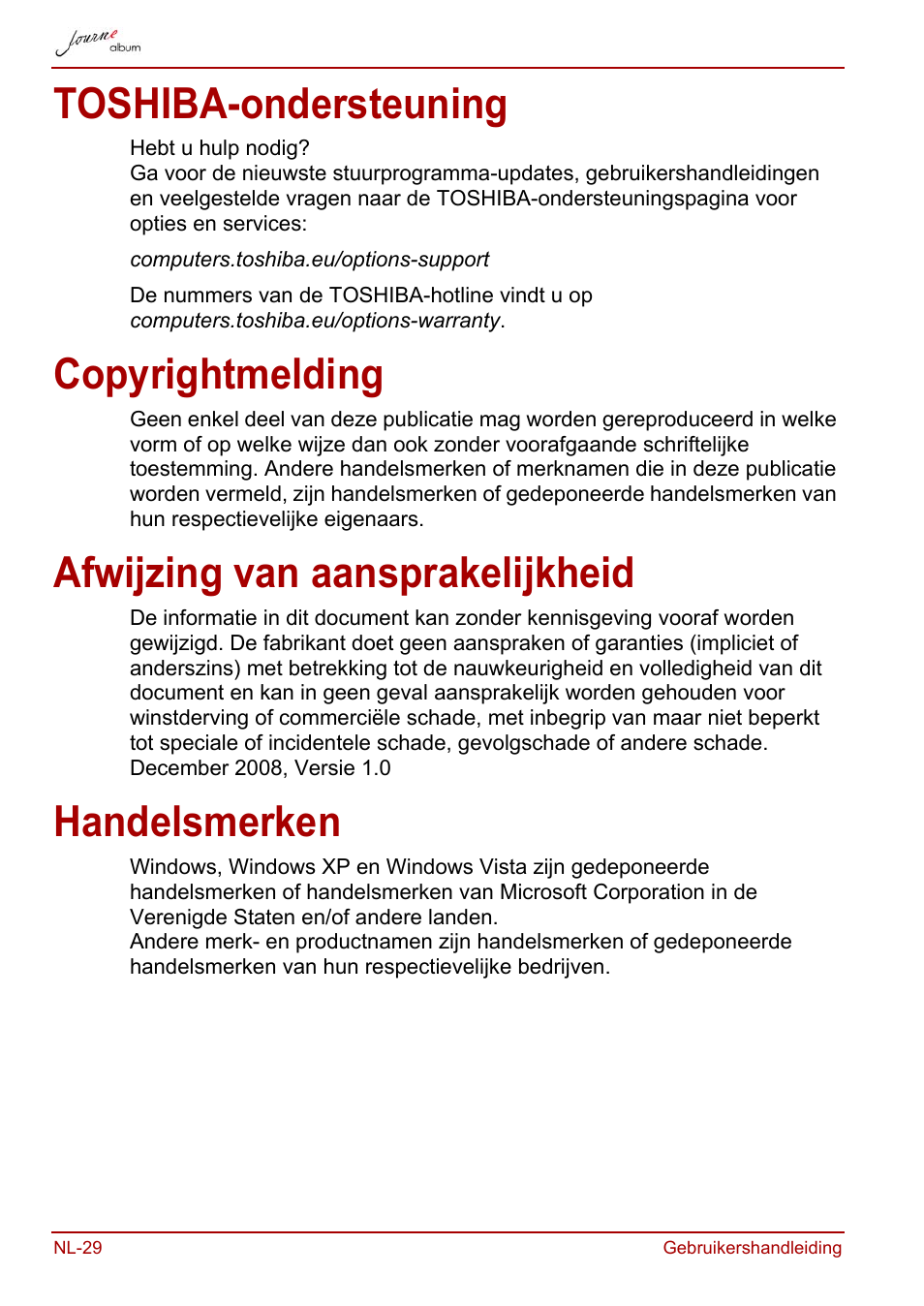 Toshiba-ondersteuning, Copyrightmelding, Afwijzing van aansprakelijkheid | Handelsmerken | Toshiba JournE album User Manual | Page 254 / 354