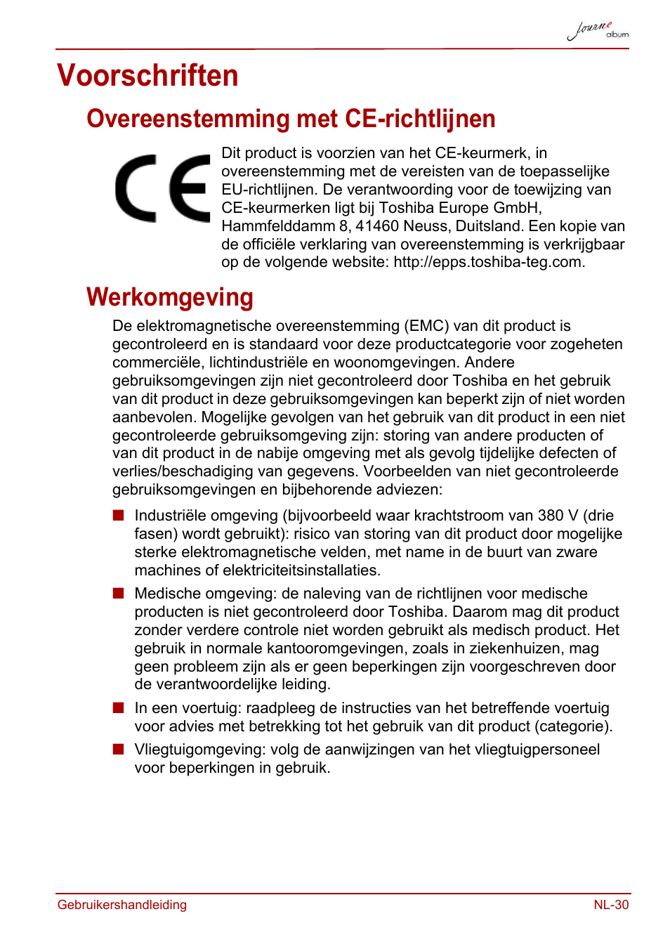 Voorschriften, Overeenstemming met ce-richtlijnen, Werkomgeving | Overeenstemming met ce-richtlijnen werkomgeving | Toshiba JournE album User Manual | Page 255 / 354