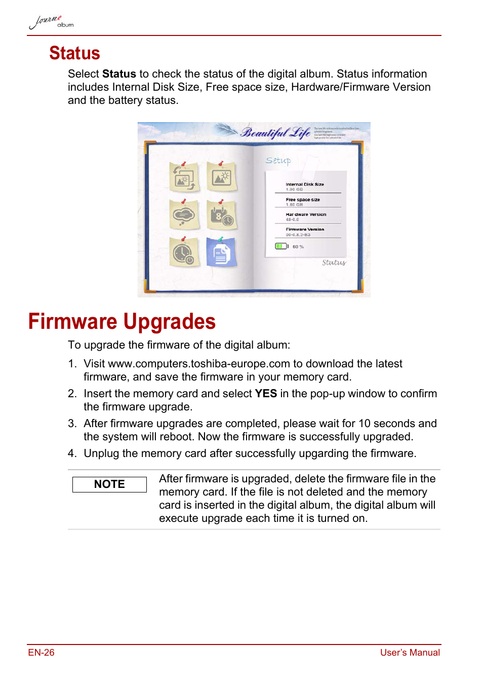 Status, Firmware upgrades | Toshiba JournE album User Manual | Page 26 / 354