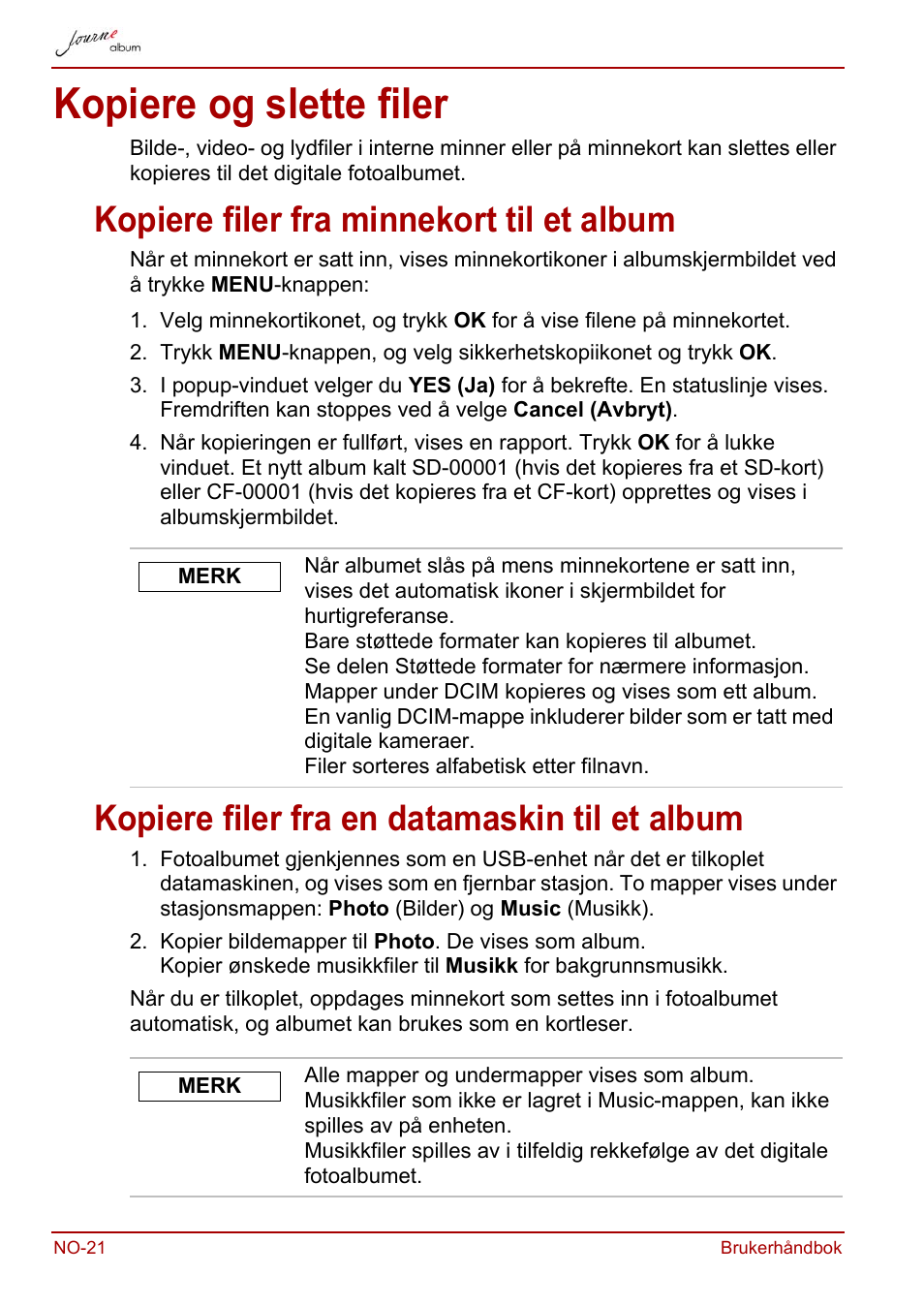 Kopiere og slette filer, Kopiere filer fra minnekort til et album, Kopiere filer fra en datamaskin til et album | Toshiba JournE album User Manual | Page 278 / 354