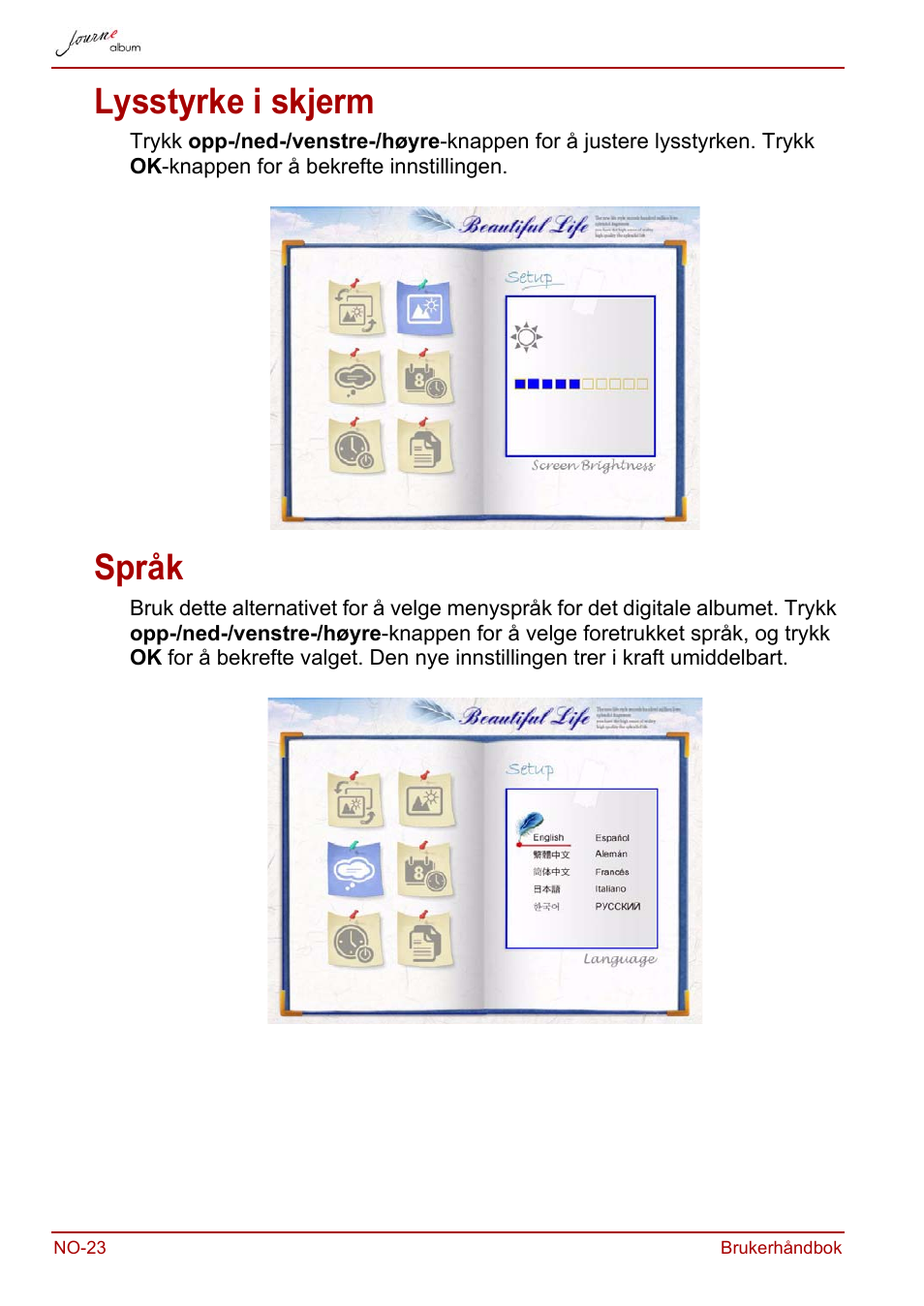 Lysstyrke i skjerm, Språk, Lysstyrke i skjerm språk | Toshiba JournE album User Manual | Page 280 / 354