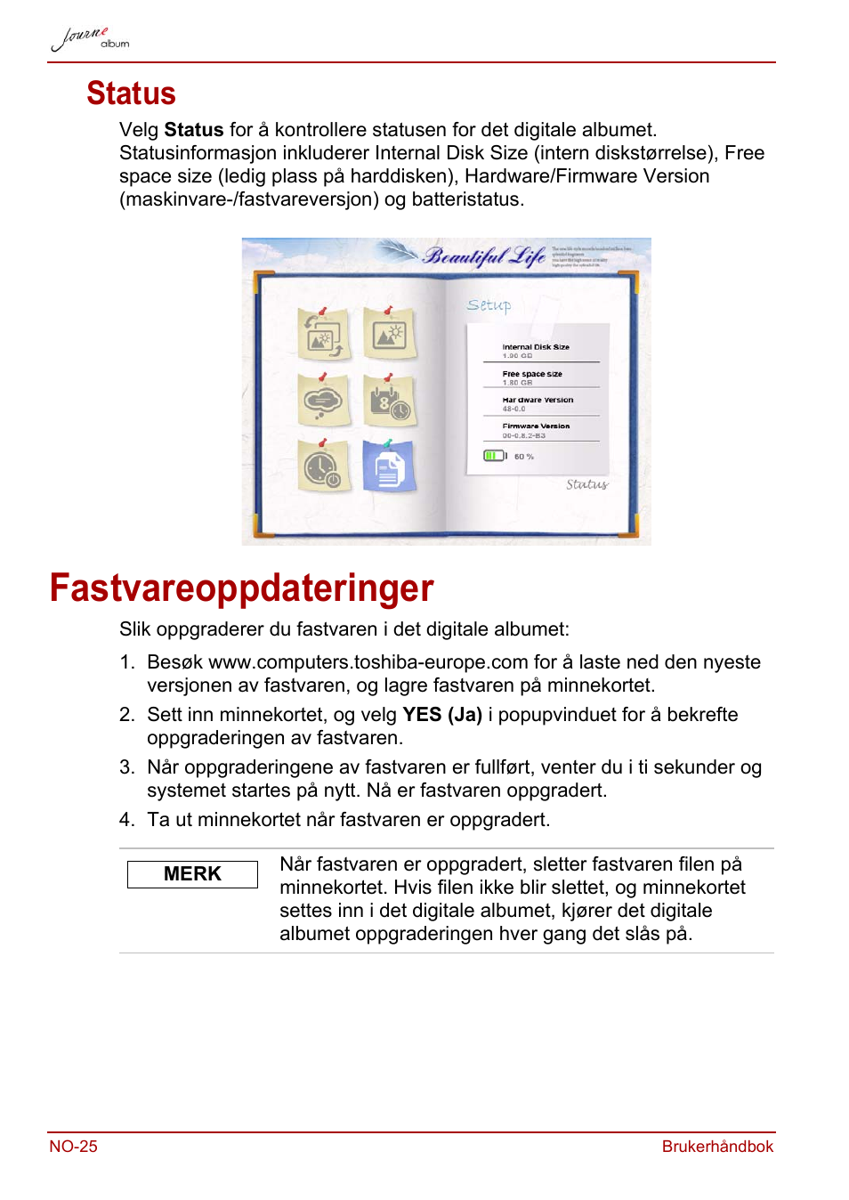 Status, Fastvareoppdateringer | Toshiba JournE album User Manual | Page 282 / 354