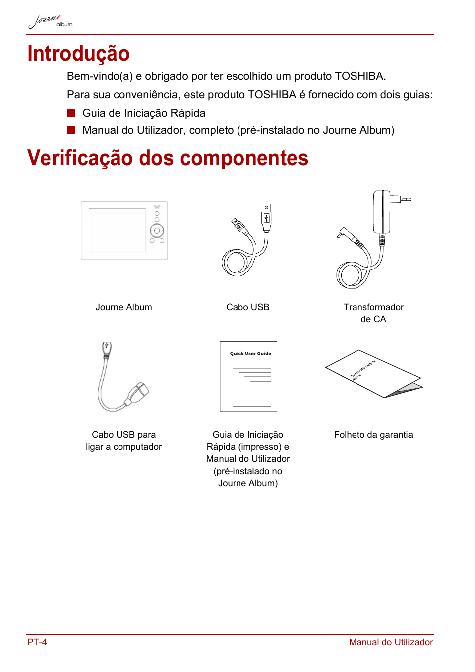 Introdução, Verificação dos componentes, Introdução verificação dos componentes | Toshiba JournE album User Manual | Page 292 / 354