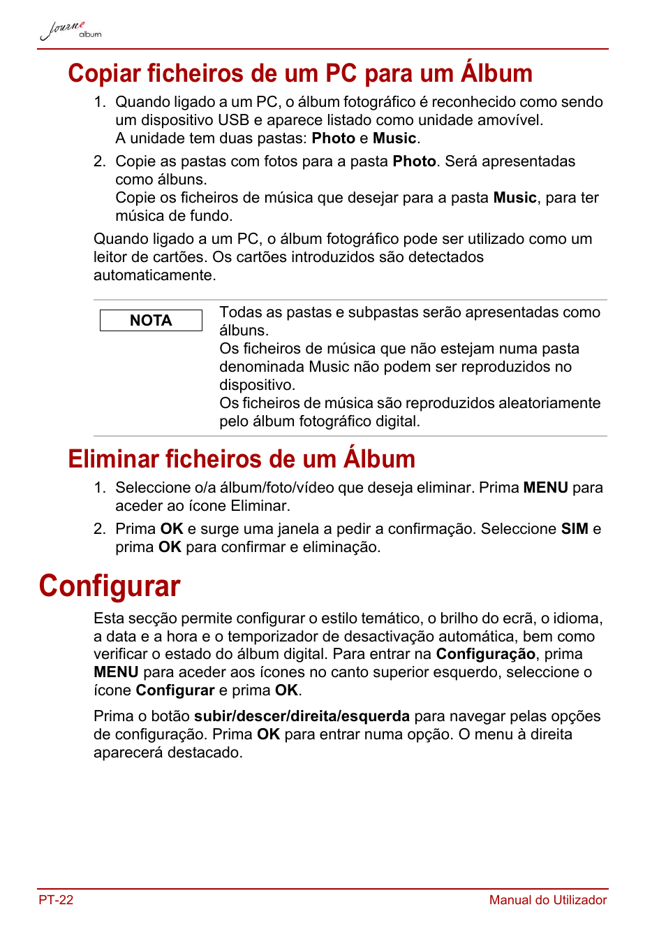 Copiar ficheiros de um pc para um álbum, Eliminar ficheiros de um álbum, Configurar | Toshiba JournE album User Manual | Page 310 / 354