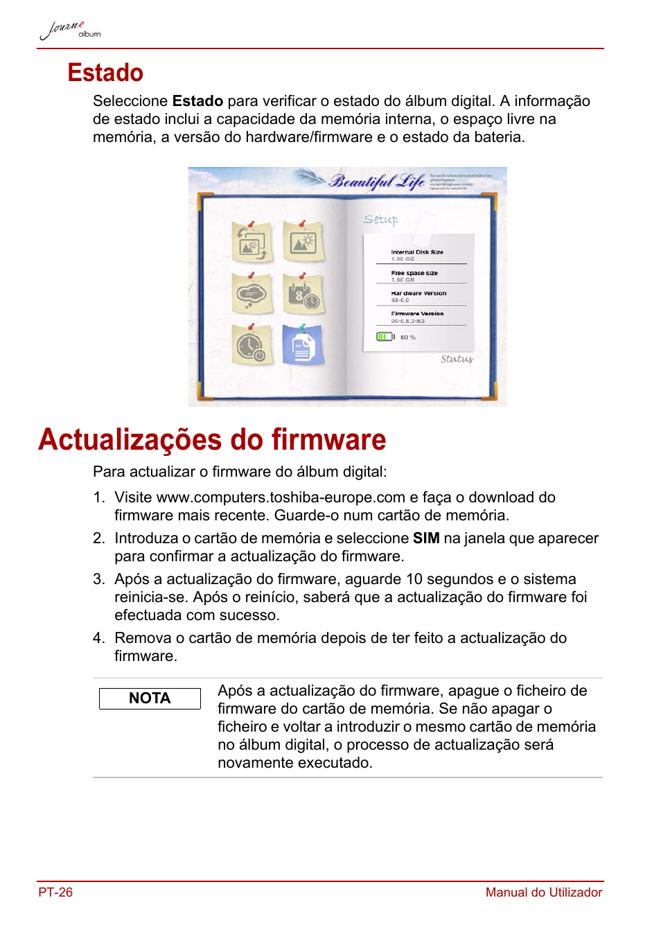 Estado, Actualizações do firmware | Toshiba JournE album User Manual | Page 314 / 354
