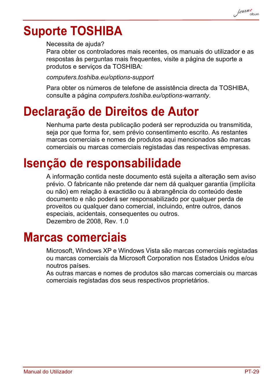 Suporte toshiba, Declaração de direitos de autor, Isenção de responsabilidade | Marcas comerciais | Toshiba JournE album User Manual | Page 317 / 354