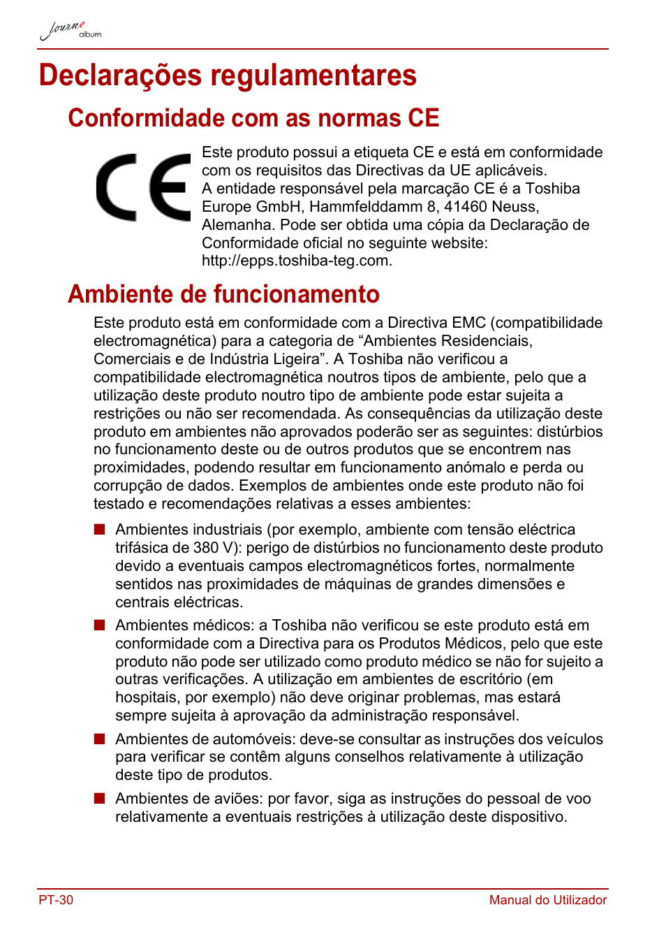 Declarações regulamentares, Conformidade com as normas ce, Ambiente de funcionamento | Toshiba JournE album User Manual | Page 318 / 354