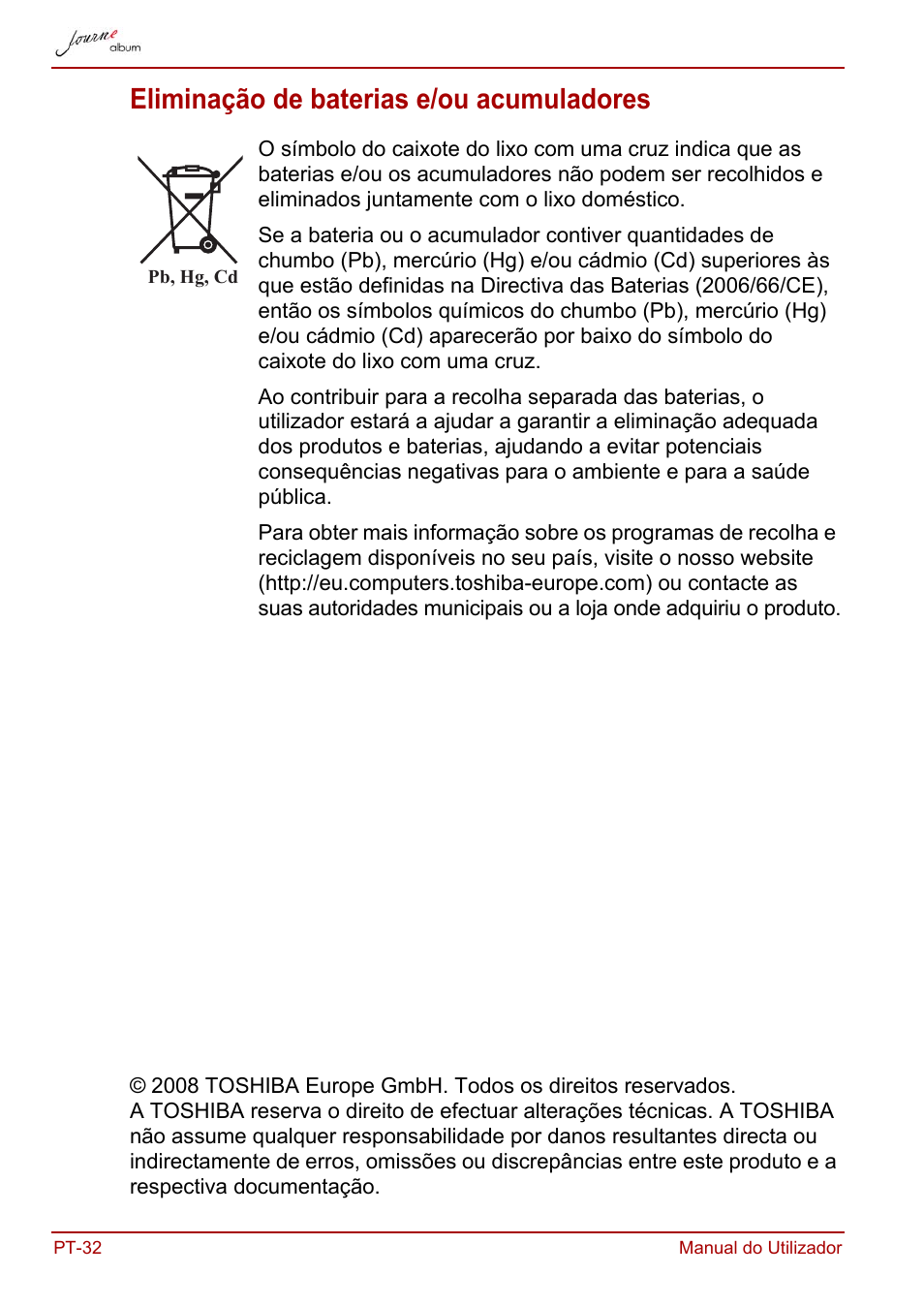 Eliminação de baterias e/ou acumuladores | Toshiba JournE album User Manual | Page 320 / 354