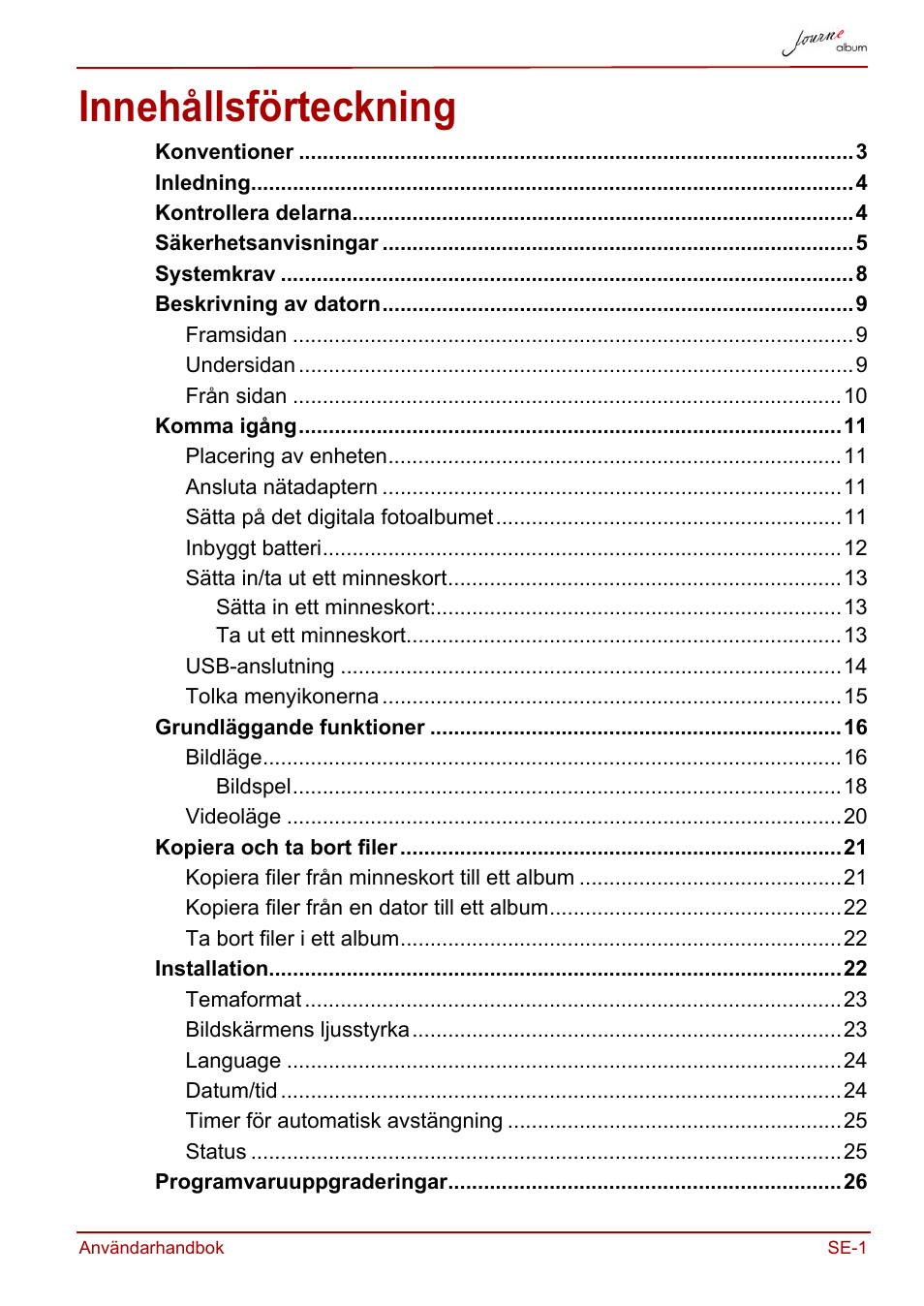 Användarhandbok, Innehållsförteckning | Toshiba JournE album User Manual | Page 321 / 354
