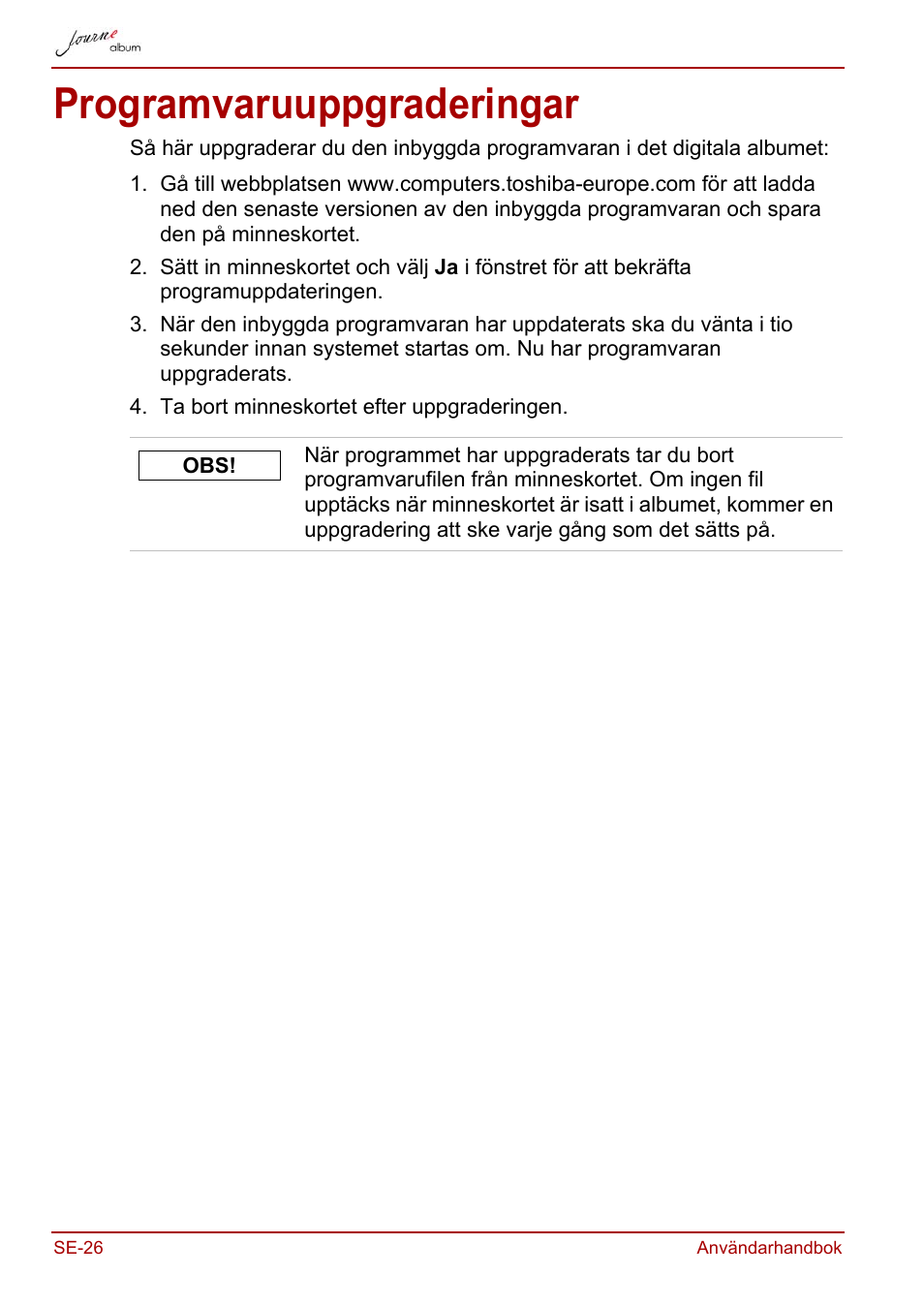 Programvaruuppgraderingar | Toshiba JournE album User Manual | Page 346 / 354