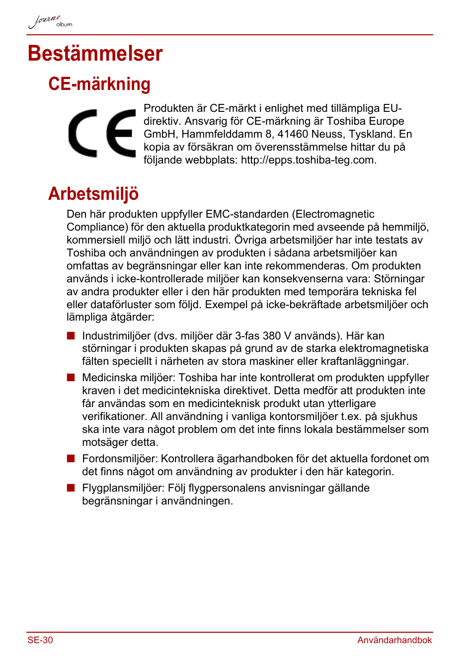 Bestämmelser, Ce-märkning, Arbetsmiljö | Ce-märkning arbetsmiljö | Toshiba JournE album User Manual | Page 350 / 354