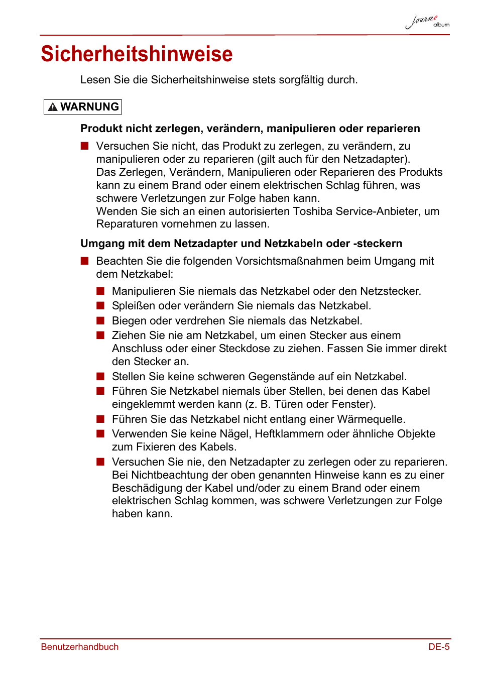 Sicherheitshinweise | Toshiba JournE album User Manual | Page 37 / 354