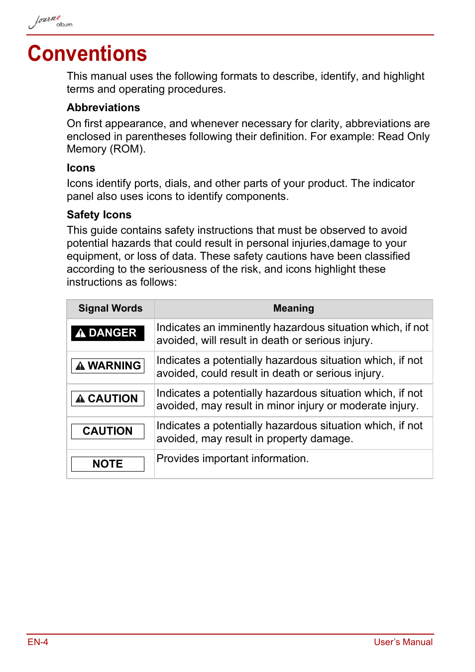 Conventions | Toshiba JournE album User Manual | Page 4 / 354