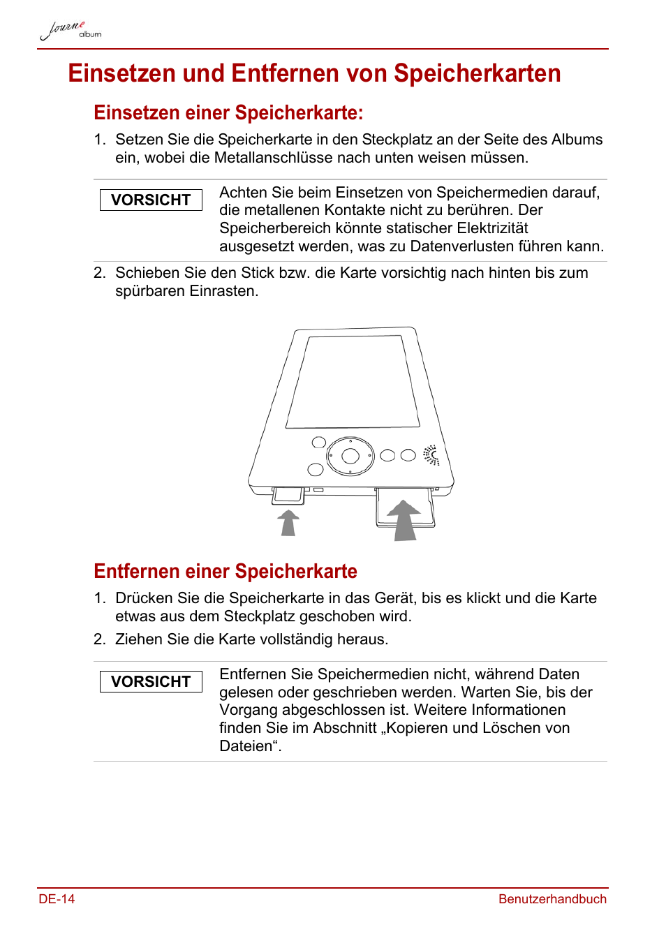 Einsetzen und entfernen von speicherkarten, Einsetzen einer speicherkarte, Entfernen einer speicherkarte | Toshiba JournE album User Manual | Page 46 / 354