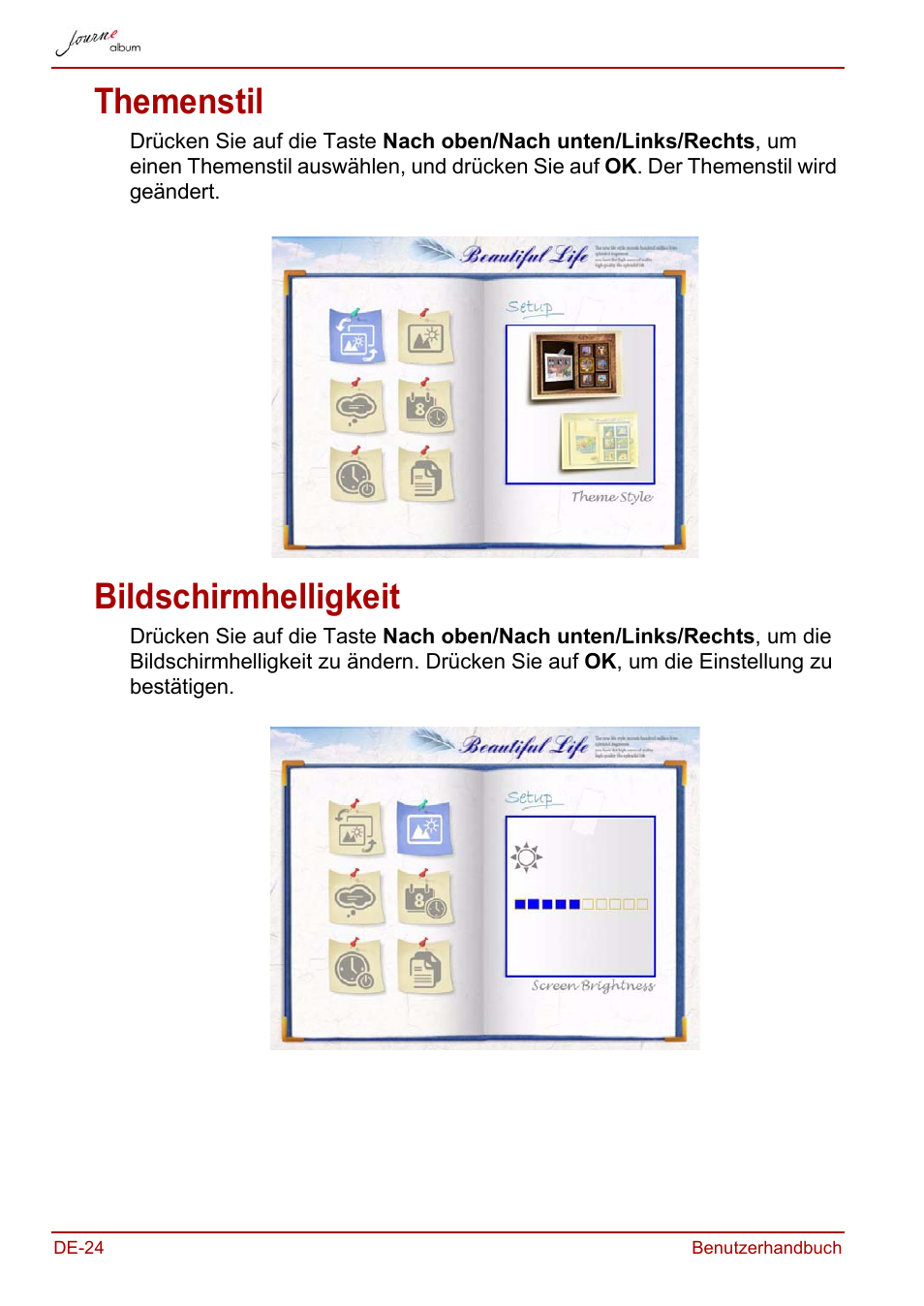 Themenstil, Bildschirmhelligkeit, Themenstil bildschirmhelligkeit | Toshiba JournE album User Manual | Page 56 / 354