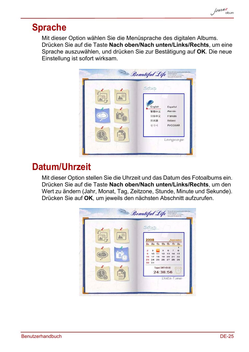 Sprache, Datum/uhrzeit, Sprache datum/uhrzeit | Toshiba JournE album User Manual | Page 57 / 354