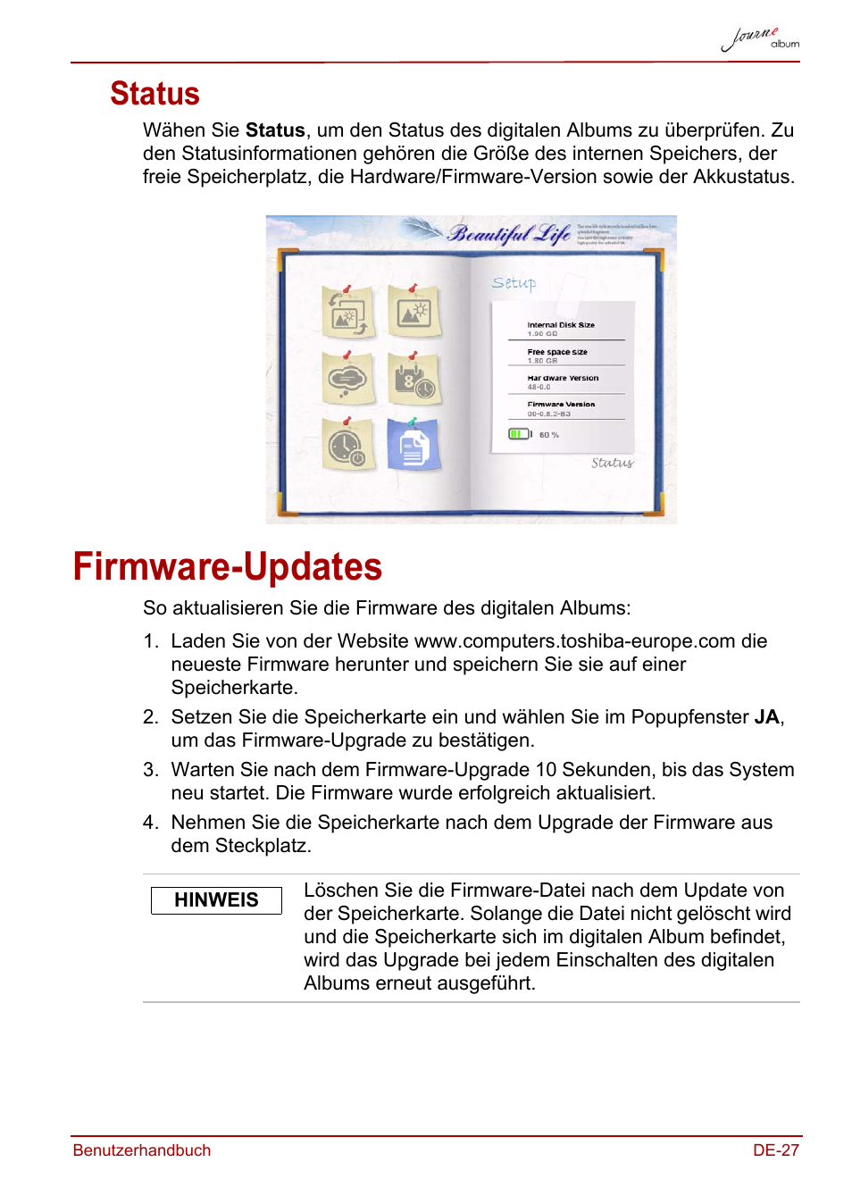 Status, Firmware-updates | Toshiba JournE album User Manual | Page 59 / 354