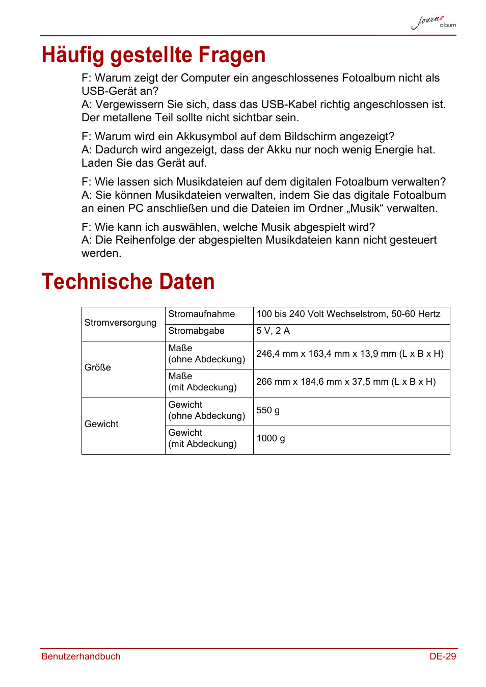 Häufig gestellte fragen, Technische daten, Häufig gestellte fragen technische daten | Toshiba JournE album User Manual | Page 61 / 354