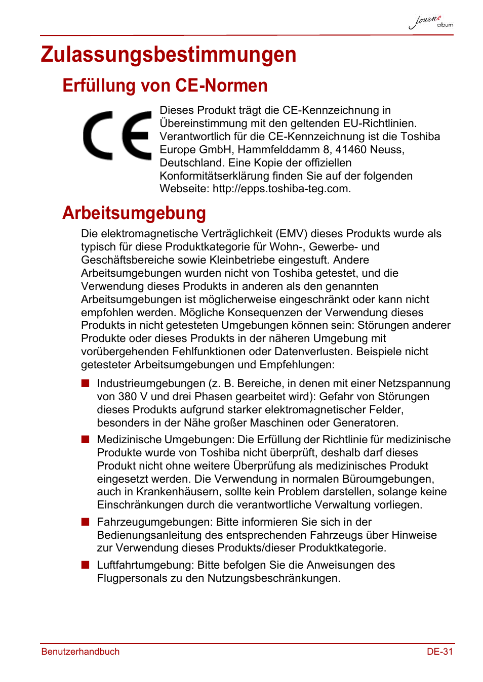 Zulassungsbestimmungen, Erfüllung von ce-normen, Arbeitsumgebung | Erfüllung von ce-normen arbeitsumgebung | Toshiba JournE album User Manual | Page 63 / 354