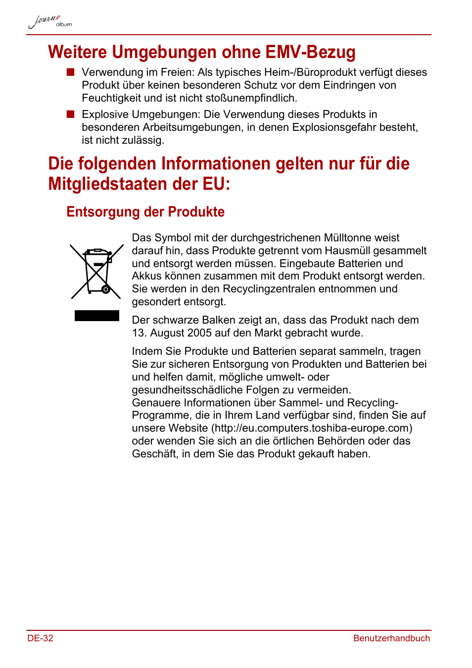 Weitere umgebungen ohne emv-bezug, Entsorgung der produkte | Toshiba JournE album User Manual | Page 64 / 354