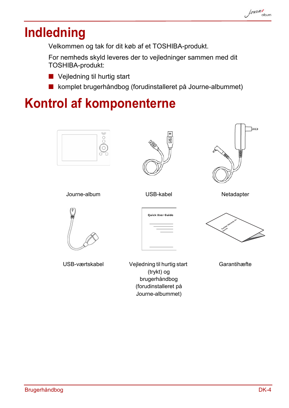 Indledning, Kontrol af komponenterne, Indledning kontrol af komponenterne | Toshiba JournE album User Manual | Page 69 / 354