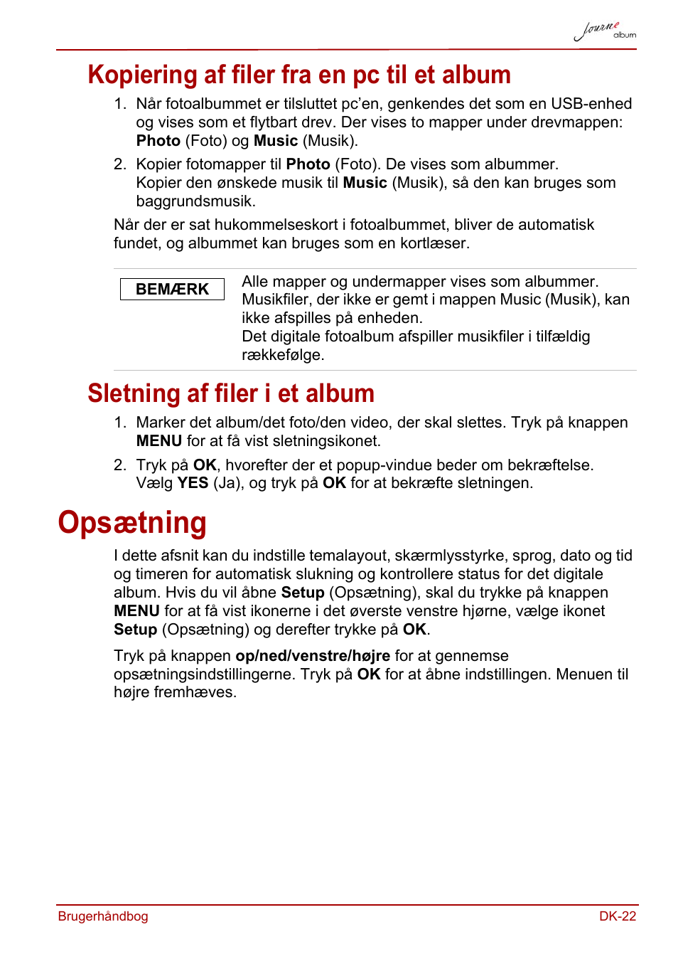 Kopiering af filer fra en pc til et album, Sletning af filer i et album, Opsætning | Toshiba JournE album User Manual | Page 87 / 354