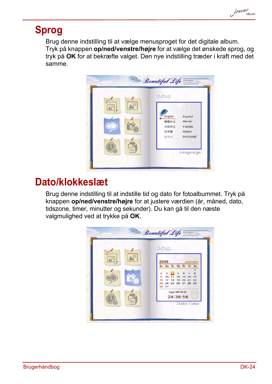 Sprog, Dato/klokkeslæt, Sprog dato/klokkeslæt | Toshiba JournE album User Manual | Page 89 / 354