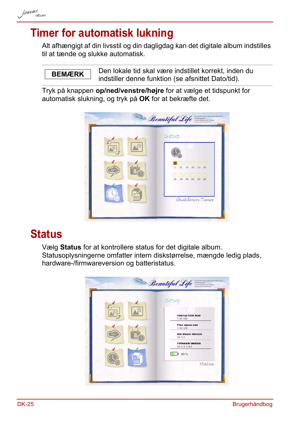 Timer for automatisk lukning, Status, Timer for automatisk lukning status | Toshiba JournE album User Manual | Page 90 / 354