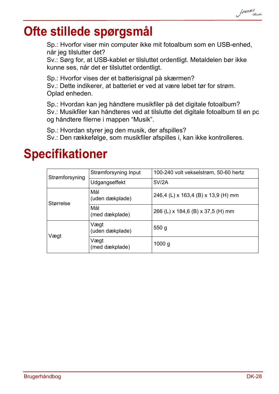 Ofte stillede spørgsmål, Specifikationer, Ofte stillede spørgsmål specifikationer | Toshiba JournE album User Manual | Page 93 / 354