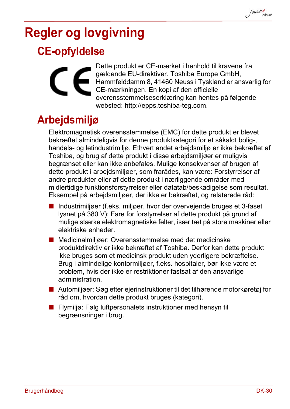 Regler og lovgivning, Ce-opfyldelse, Arbejdsmiljø | Ce-opfyldelse arbejdsmiljø | Toshiba JournE album User Manual | Page 95 / 354