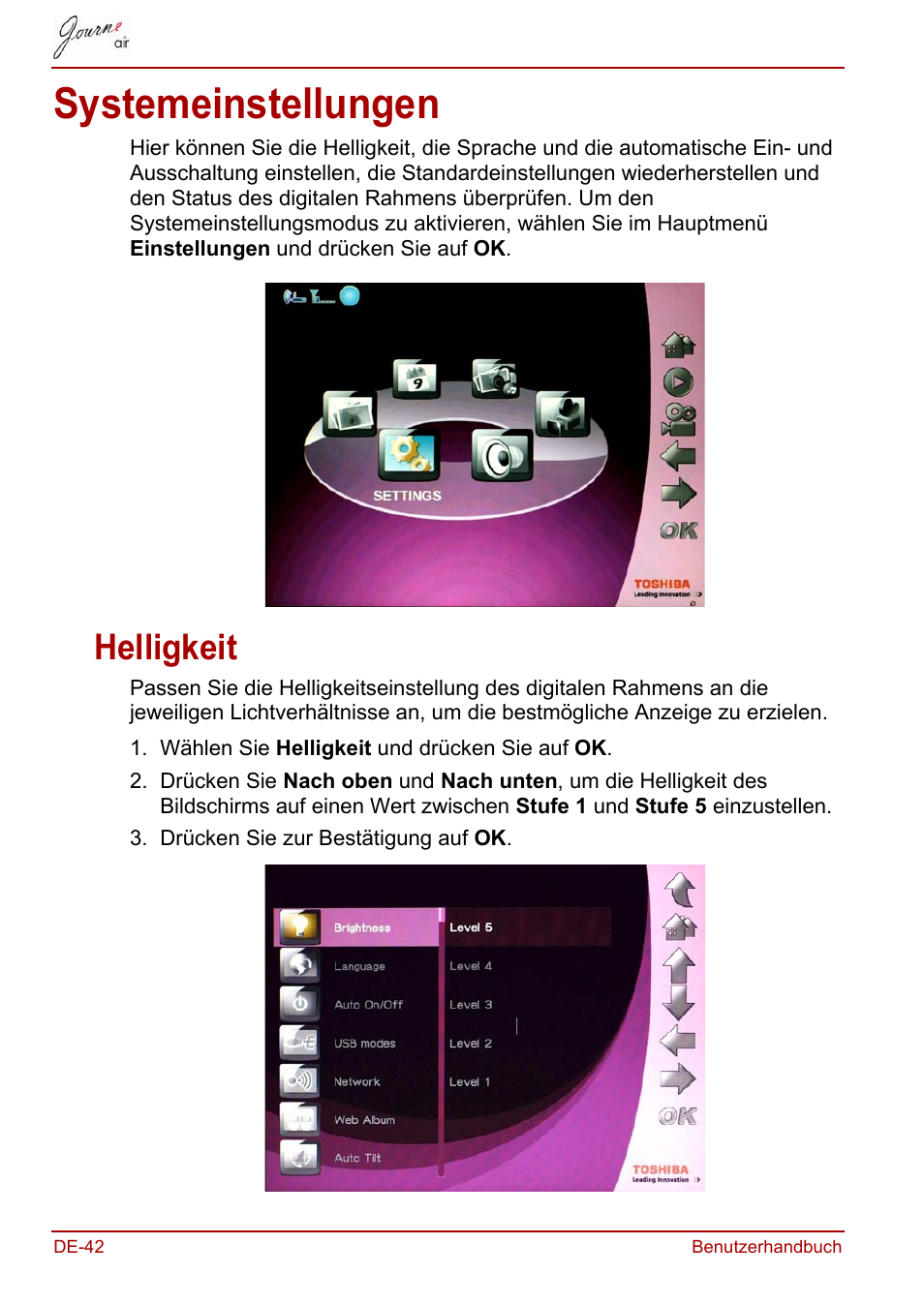 Systemeinstellungen, Helligkeit | Toshiba JournE Air800-801 User Manual | Page 104 / 706
