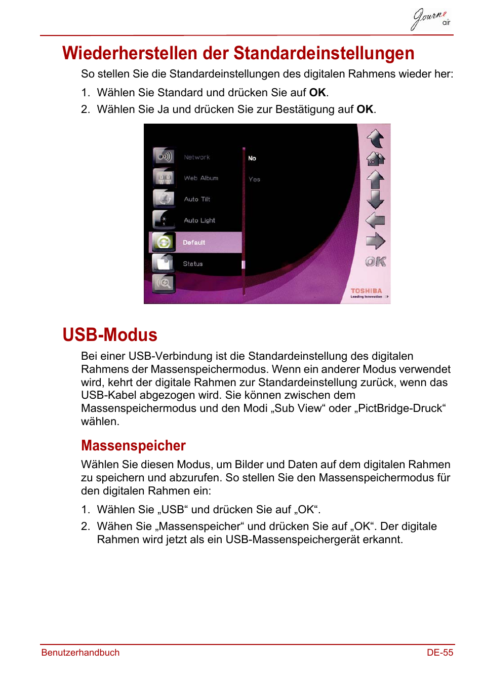 Wiederherstellen der standardeinstellungen, Usb-modus, Massenspeicher | Toshiba JournE Air800-801 User Manual | Page 117 / 706