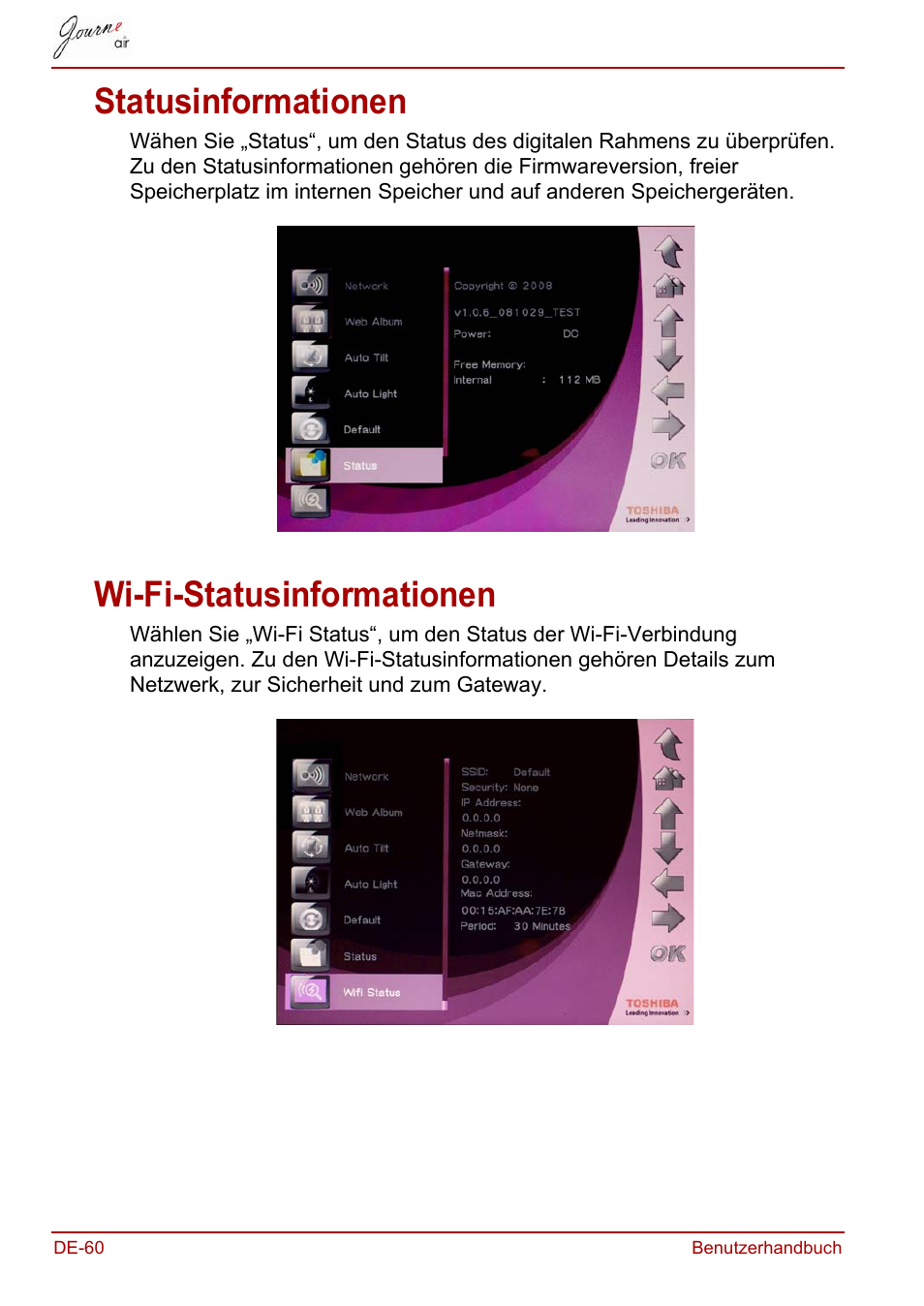 Statusinformationen, Wi-fi-statusinformationen, Statusinformationen wi-fi-statusinformationen | Toshiba JournE Air800-801 User Manual | Page 122 / 706