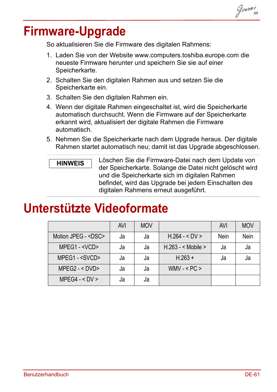 Firmware-upgrade, Unterstützte videoformate, Firmware-upgrade unterstützte videoformate | Toshiba JournE Air800-801 User Manual | Page 123 / 706