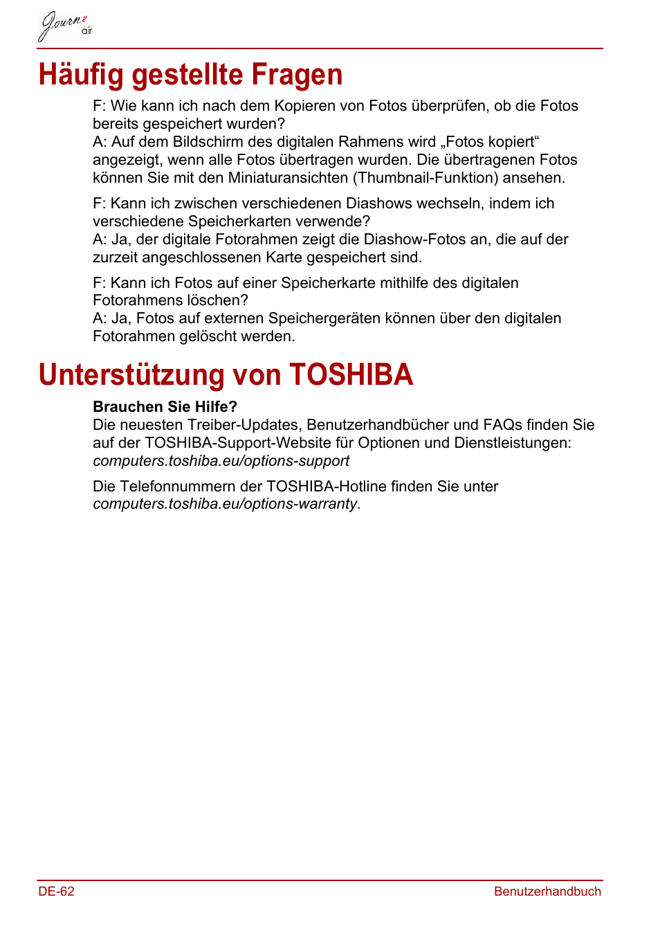 Häufig gestellte fragen, Unterstützung von toshiba, Häufig gestellte fragen unterstützung von toshiba | Toshiba JournE Air800-801 User Manual | Page 124 / 706