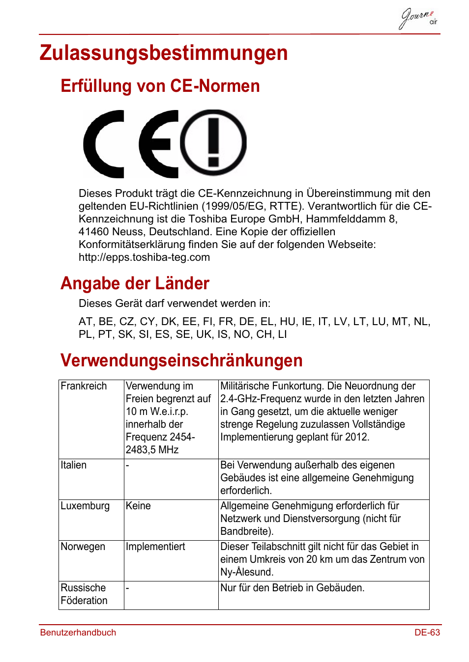 Zulassungsbestimmungen, Erfüllung von ce-normen, Angabe der länder | Verwendungseinschränkungen | Toshiba JournE Air800-801 User Manual | Page 125 / 706