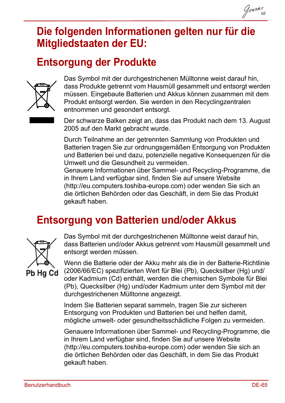 Entsorgung der produkte, Entsorgung von batterien und/oder akkus | Toshiba JournE Air800-801 User Manual | Page 127 / 706