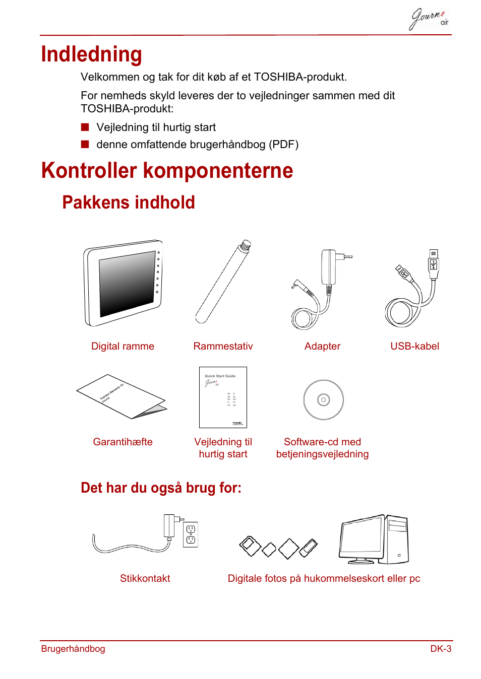 Indledning, Kontroller komponenterne, Indledning kontroller komponenterne | Pakkens indhold, Det har du også brug for | Toshiba JournE Air800-801 User Manual | Page 131 / 706