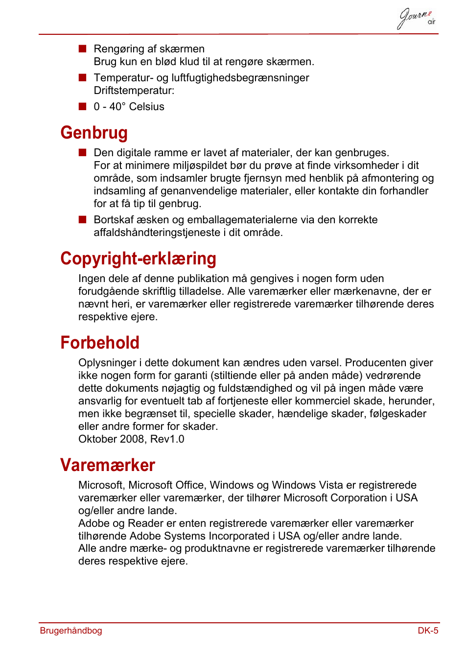 Genbrug, Copyright-erklæring, Forbehold | Varemærker, Genbrug copyright-erklæring forbehold varemærker | Toshiba JournE Air800-801 User Manual | Page 133 / 706