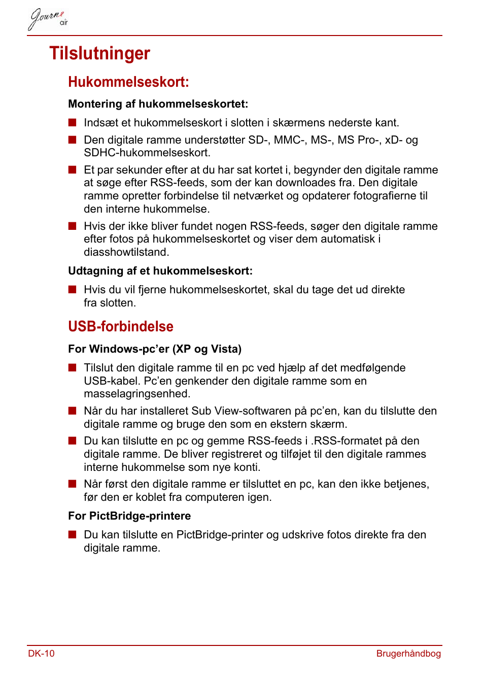 Tilslutninger, Hukommelseskort, Usb-forbindelse | Hukommelseskort: usb-forbindelse | Toshiba JournE Air800-801 User Manual | Page 138 / 706