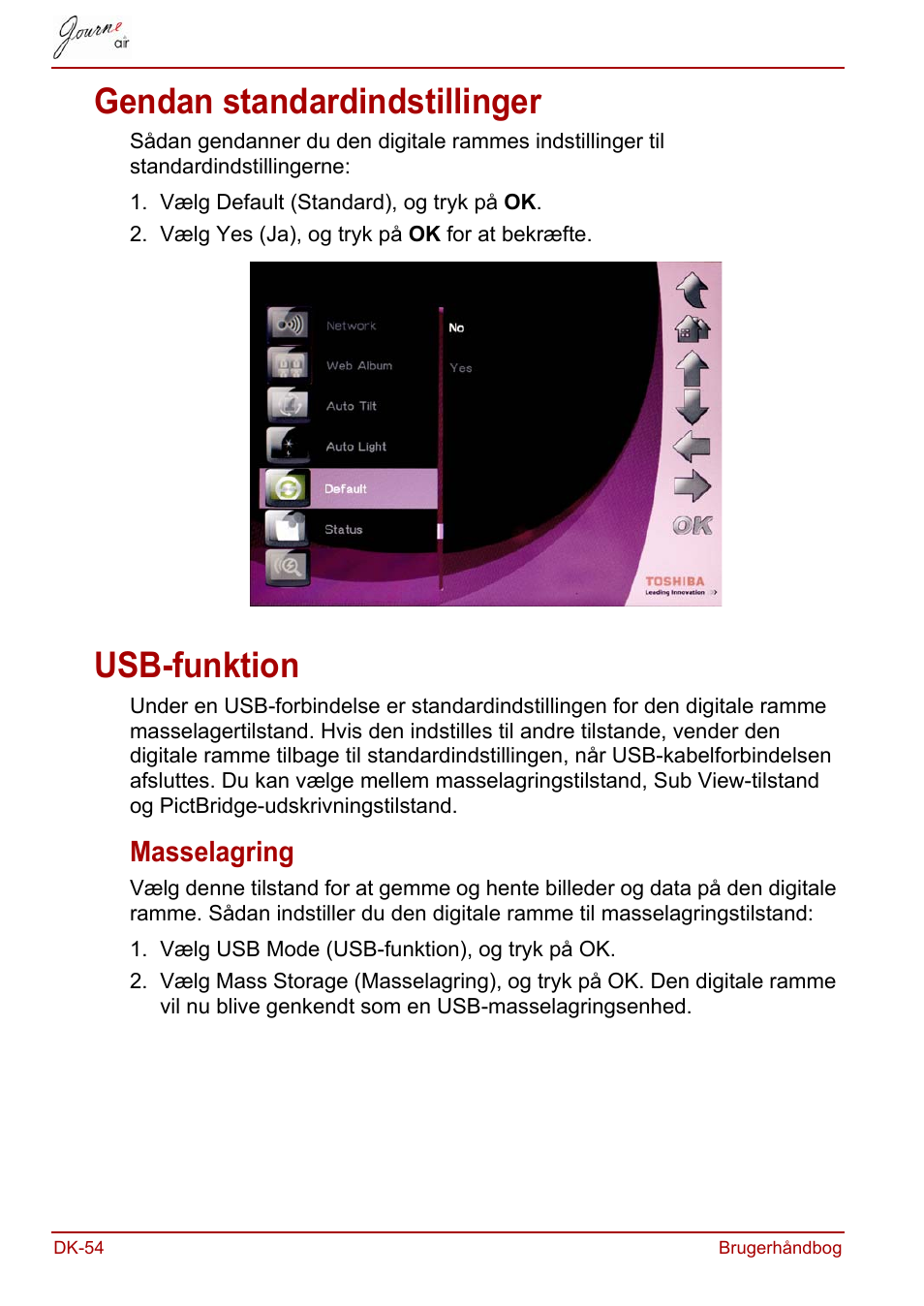 Gendan standardindstillinger, Usb-funktion, Masselagring | Gendan standardindstillinger usb-funktion | Toshiba JournE Air800-801 User Manual | Page 182 / 706