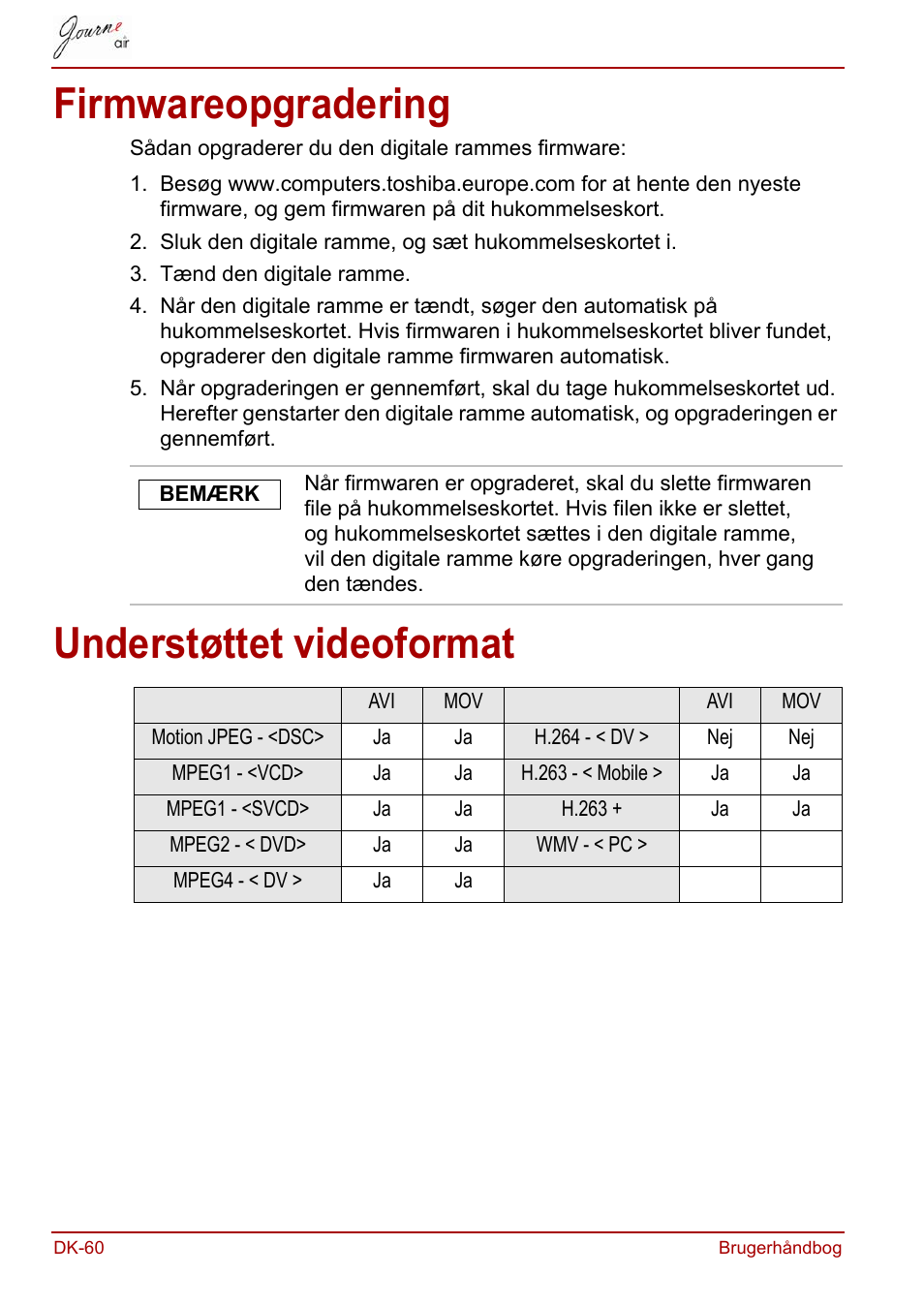 Firmwareopgradering, Understøttet videoformat, Firmwareopgradering understøttet videoformat | Toshiba JournE Air800-801 User Manual | Page 188 / 706