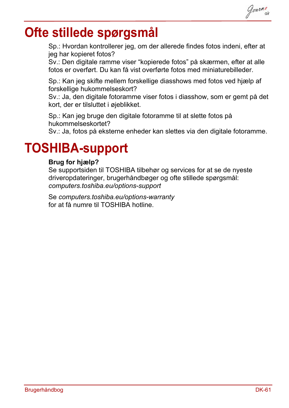 Ofte stillede spørgsmål, Toshiba-support, Ofte stillede spørgsmål toshiba-support | Toshiba JournE Air800-801 User Manual | Page 189 / 706