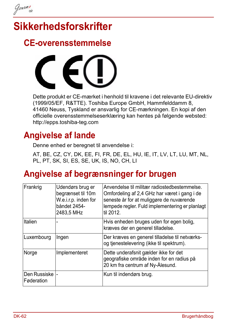 Sikkerhedsforskrifter, Ce-overensstemmelse, Angivelse af lande | Angivelse af begrænsninger for brugen | Toshiba JournE Air800-801 User Manual | Page 190 / 706