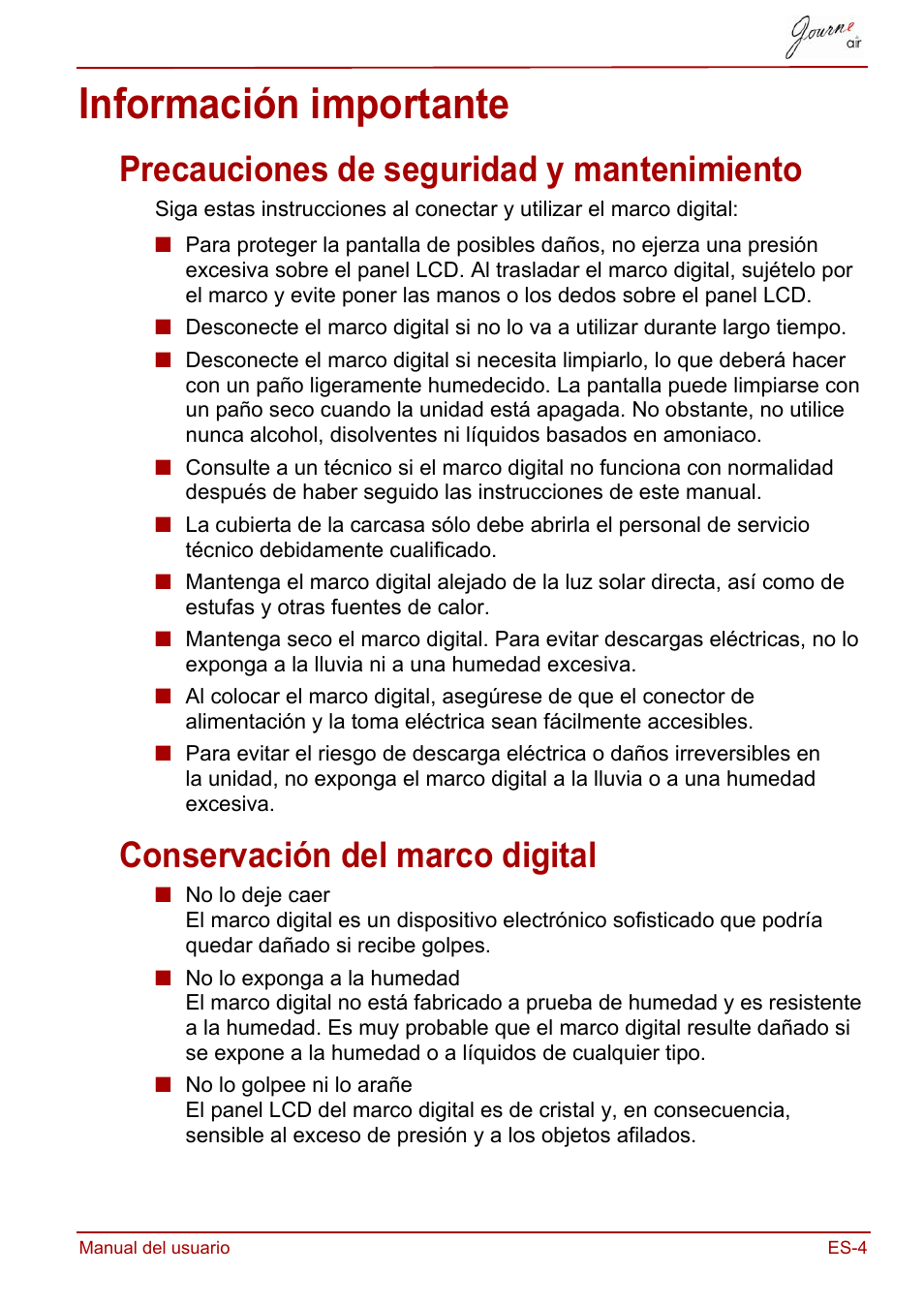 Información importante, Precauciones de seguridad y mantenimiento, Conservación del marco digital | Toshiba JournE Air800-801 User Manual | Page 197 / 706