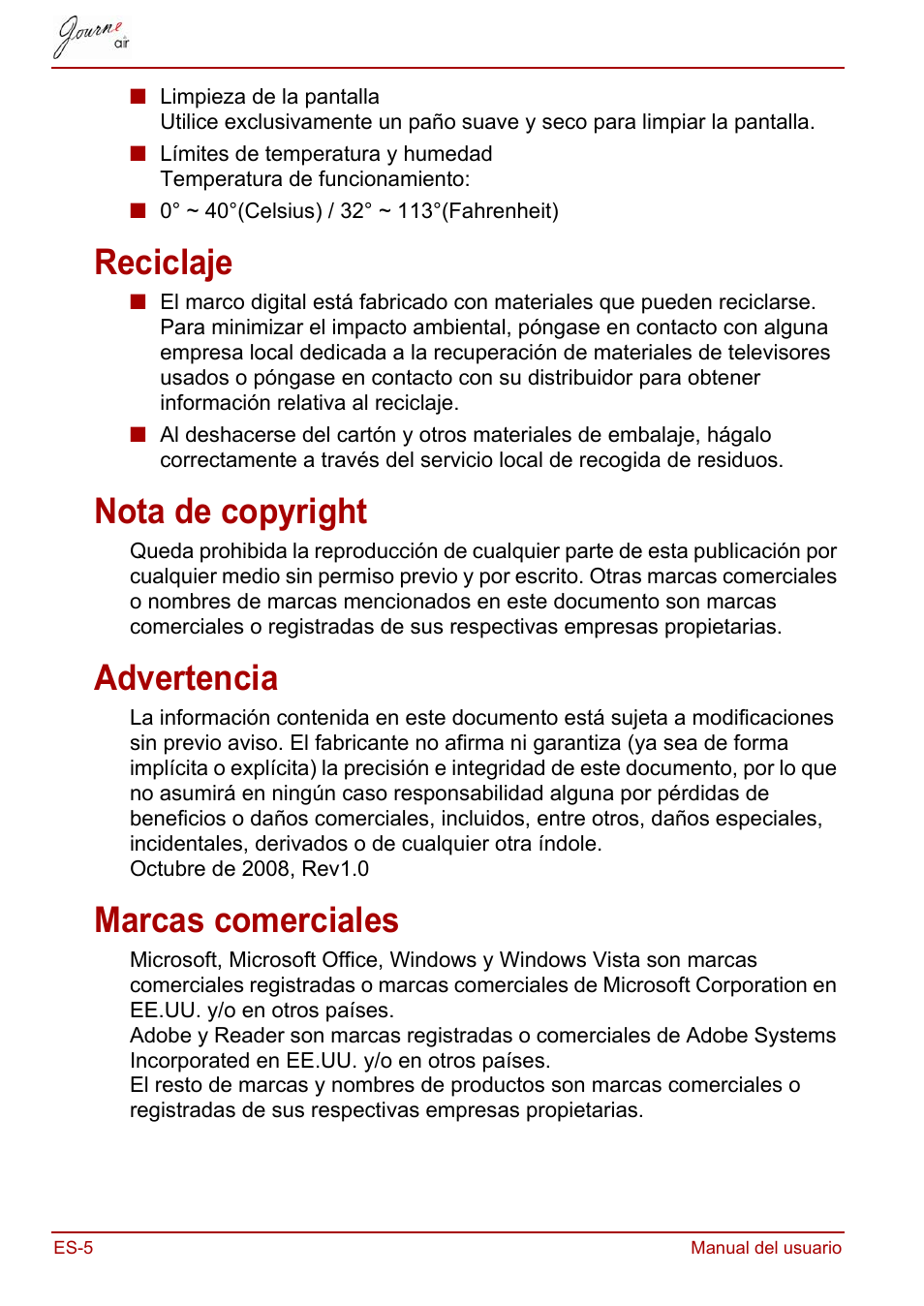 Reciclaje, Nota de copyright, Advertencia | Marcas comerciales | Toshiba JournE Air800-801 User Manual | Page 198 / 706