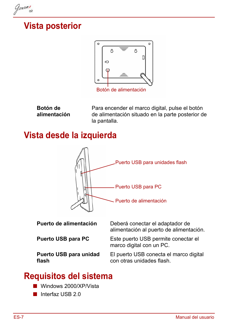 Vista posterior, Vista desde la izquierda, Requisitos del sistema | Toshiba JournE Air800-801 User Manual | Page 200 / 706