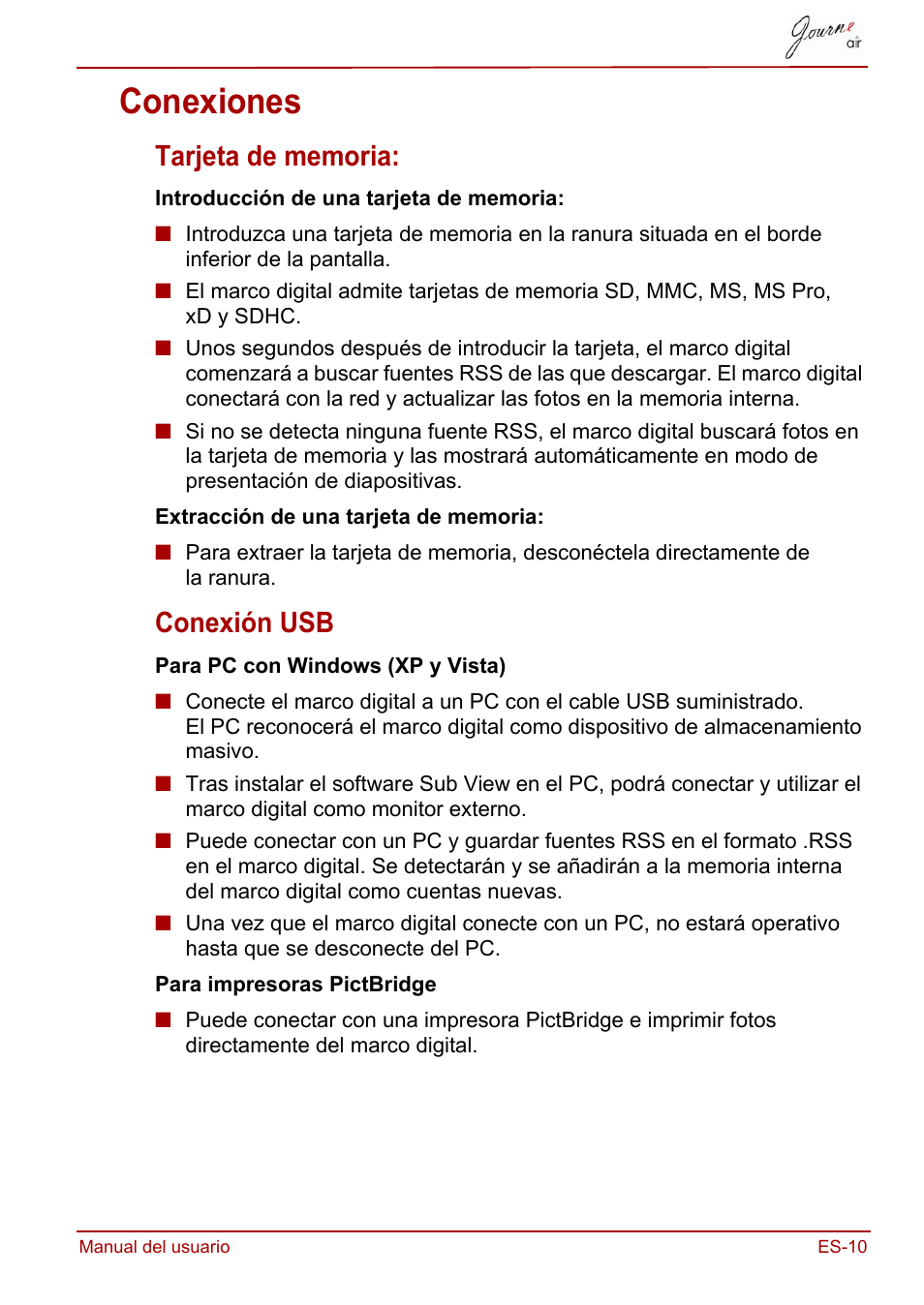 Conexiones, Tarjeta de memoria, Conexión usb | Tarjeta de memoria: conexión usb | Toshiba JournE Air800-801 User Manual | Page 203 / 706