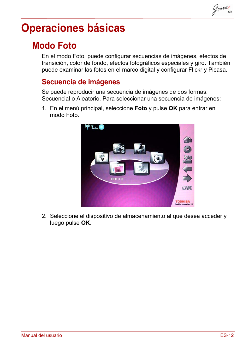 Operaciones básicas, Modo foto, Secuencia de imágenes | Toshiba JournE Air800-801 User Manual | Page 205 / 706